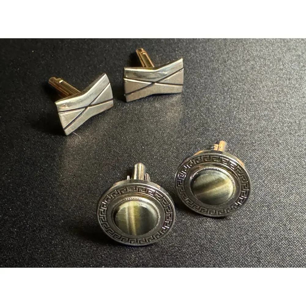 2 Pair of Vintage Cuff Links Silver Agate & Gold Tone Bowtie